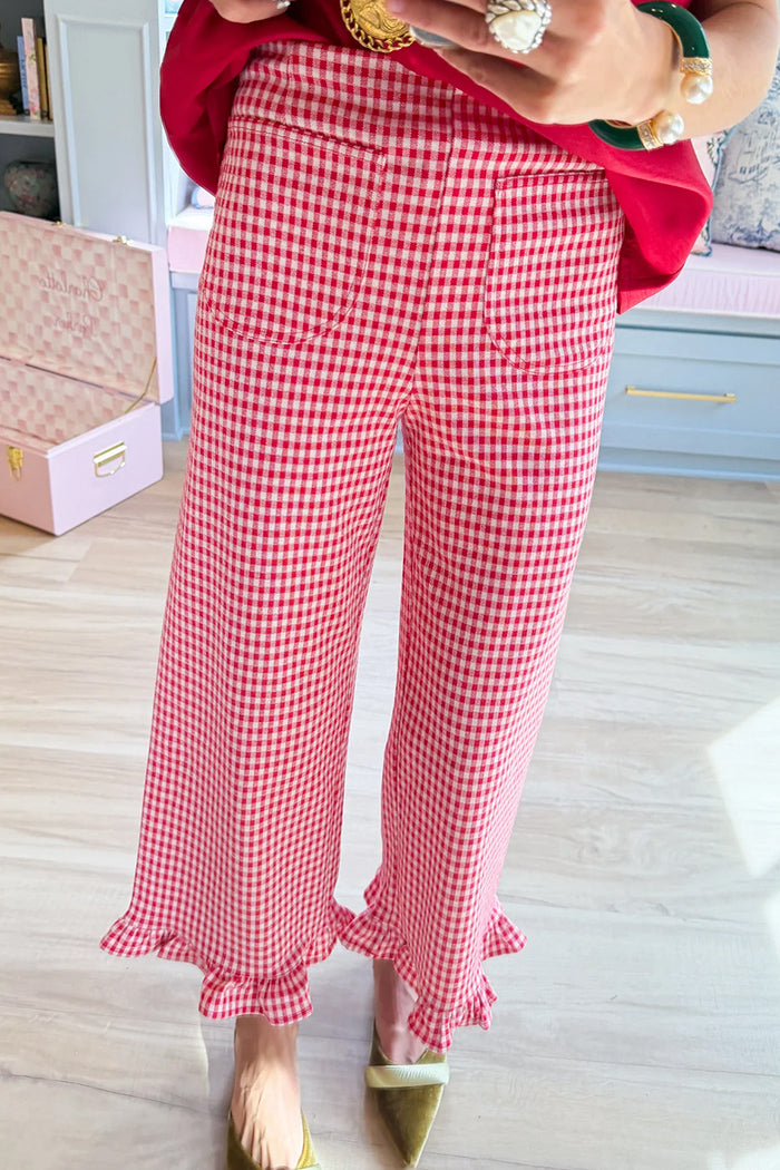 Tomato Red Ruffle Hem Pockets Pants