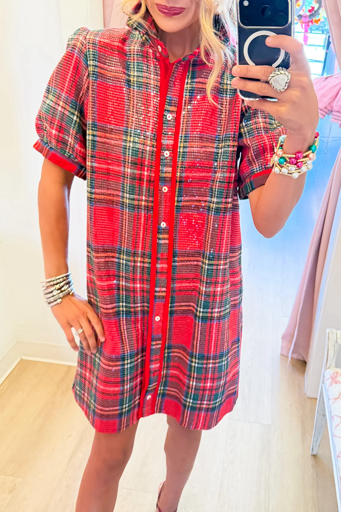 Red Plaid Sequin Short Puff Sleeve Dress