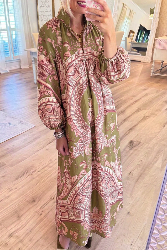 Baroque Print Stand Collar Balloon Sleeves Pockets Maxi Dress