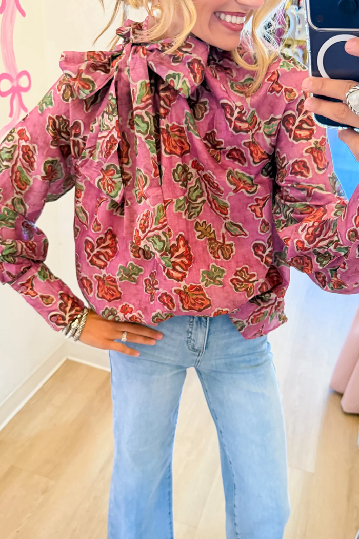 Pink Floral Ruffle Neck Tie Top