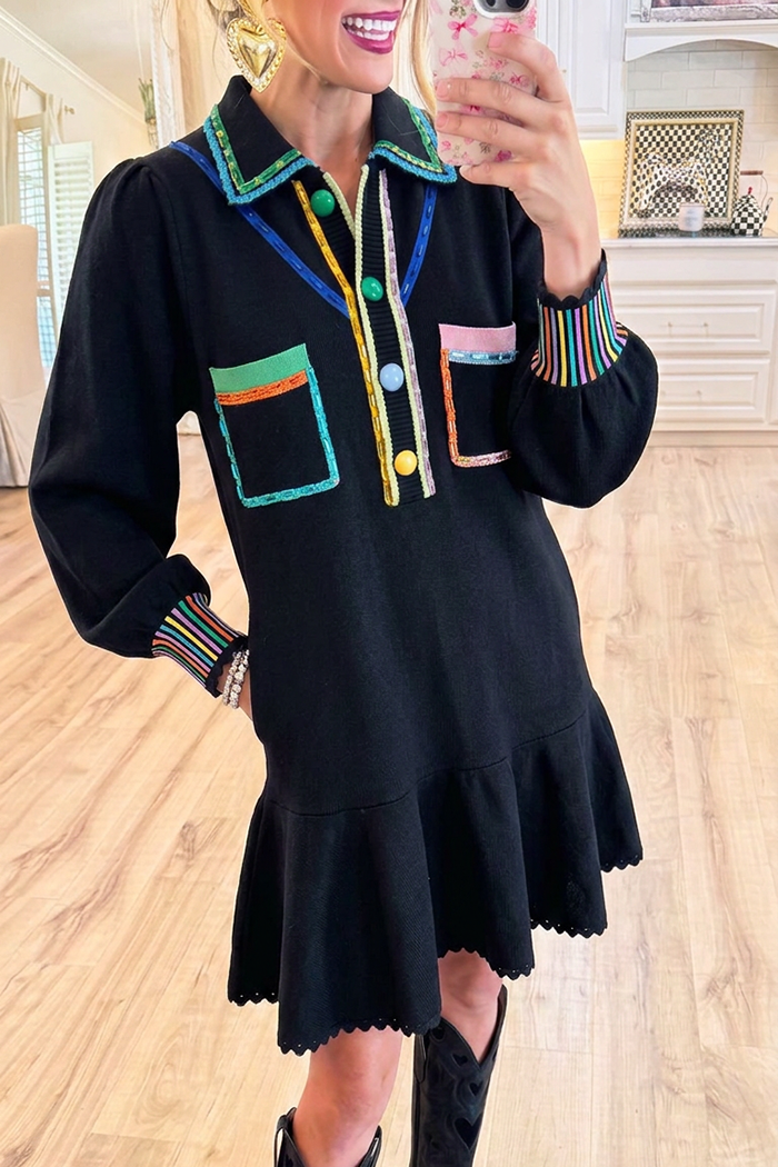 Collared Knit Colorful Contrast Trim Pockets Dress