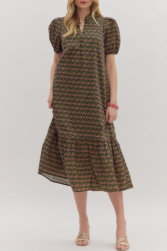 Puff Sleeve Ruffles Hem Dress