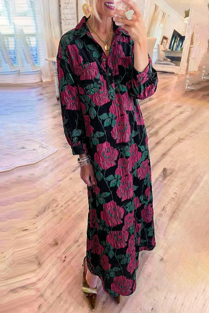 Collared Button Front Rose Jacquard Maxi Dress
