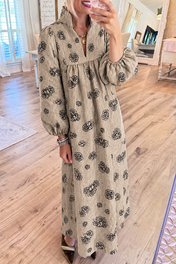 Taupe Floral Quilted Balloon Sleeve Maxi Dress