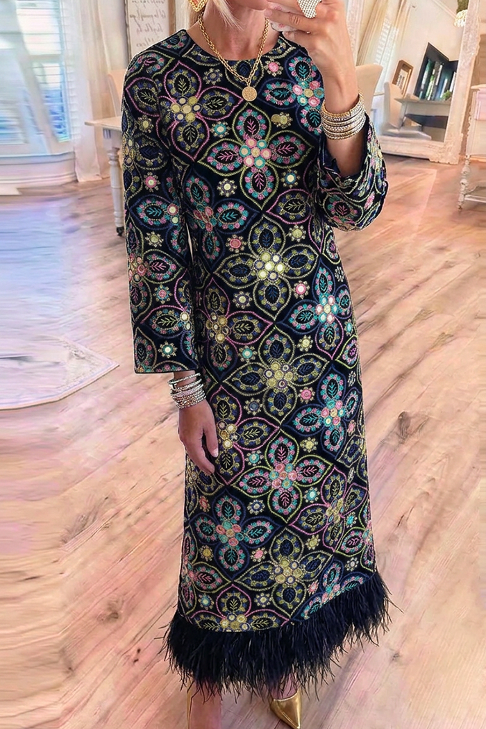 Round Neck Fringe Hem Printed Maxi Dress