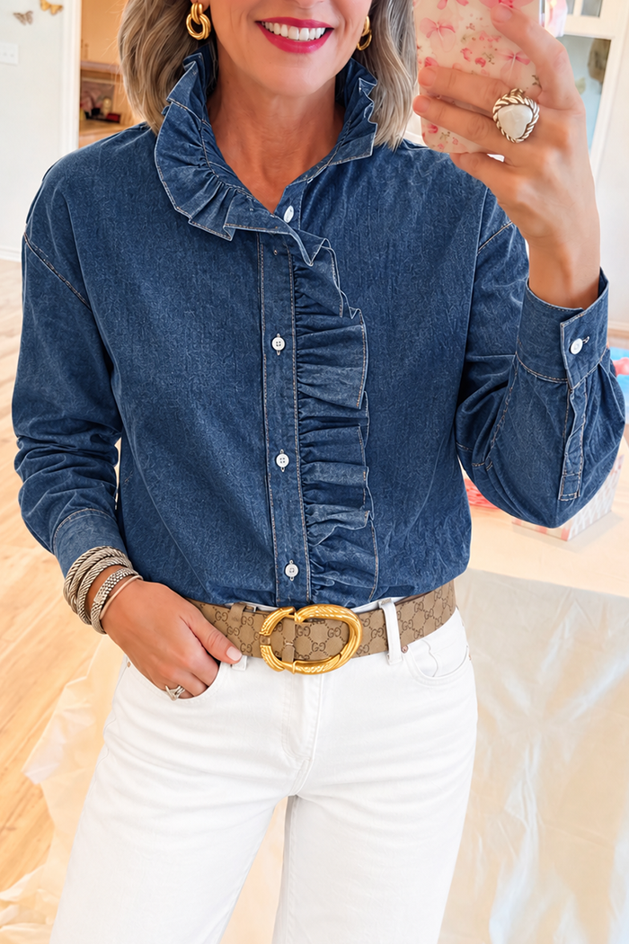Dark Denim Ruffle Front Button Down Top
