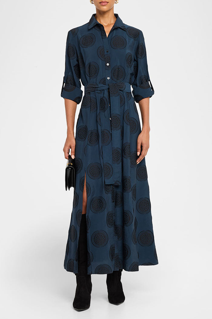 Circular Print Shirt Collar Belted Maxi Dress