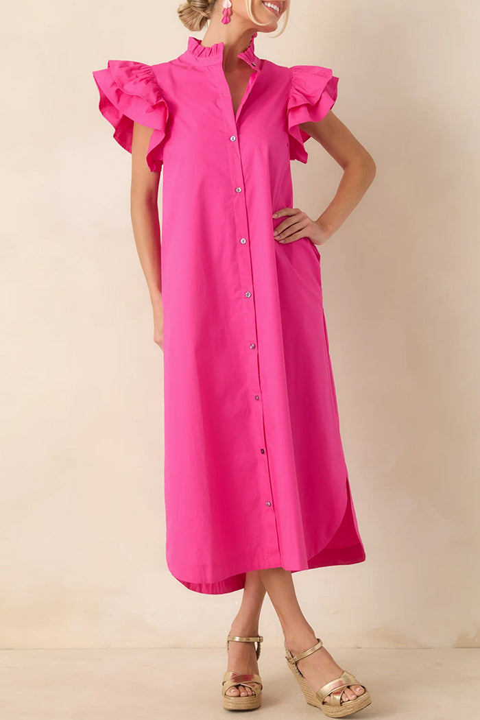 Ruffle Button-Front Pocket Midi Dress