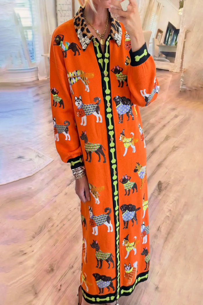 Orange Dog Embroidered Leopard Collar Long Cardigan