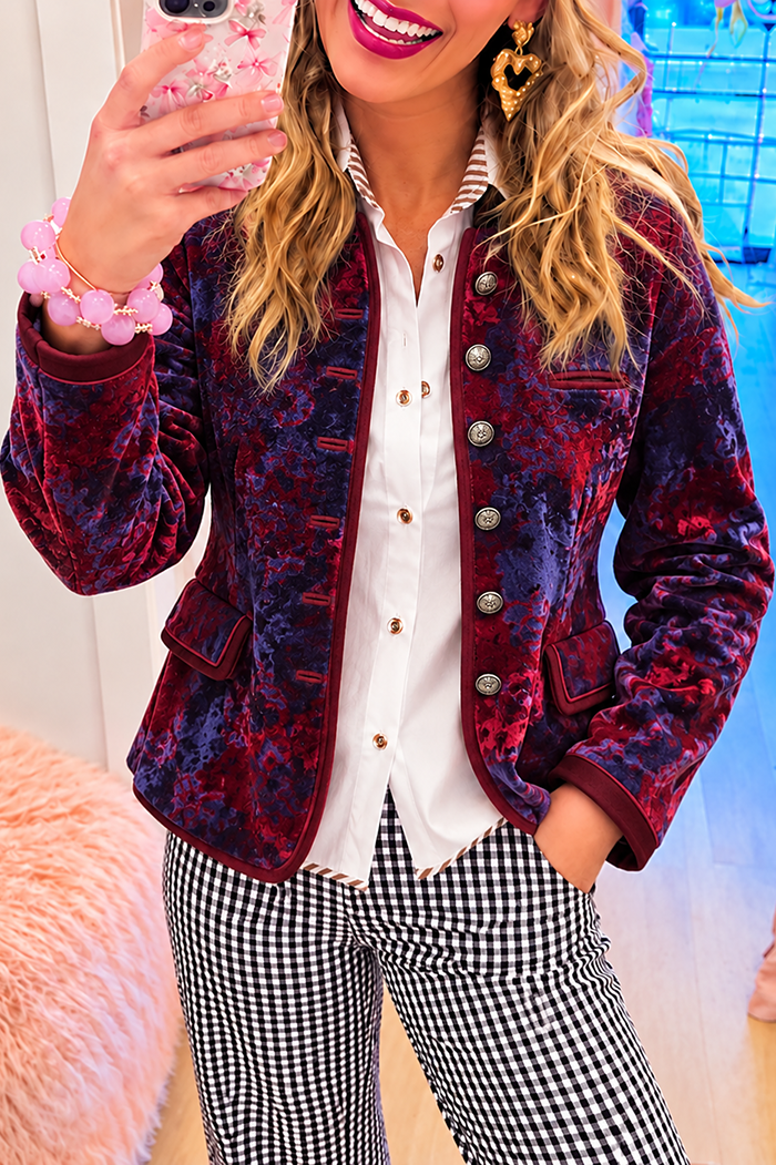 Silver Buttons Pockets Velvet Jacket