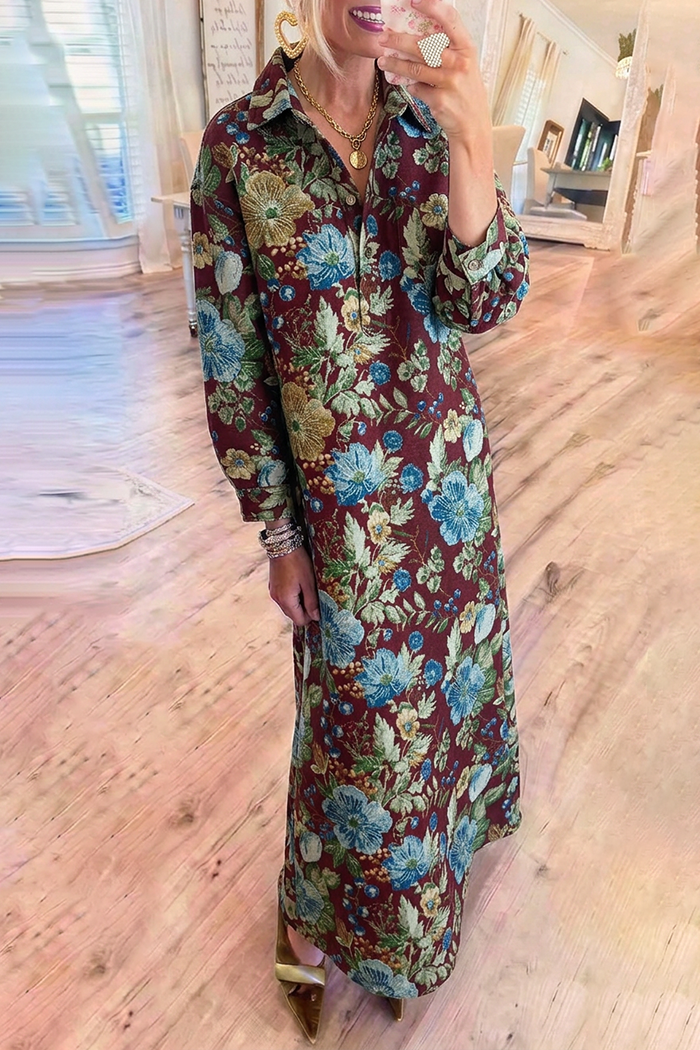 Collared Half Button Floral Jacquard Maxi Dress
