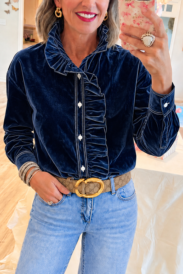 Ruffled Trim Button-Down Velvet Top