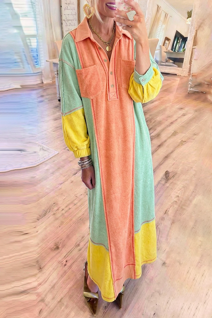 Multi Color Block Collared Pockets Long Sleeve Maxi Dress