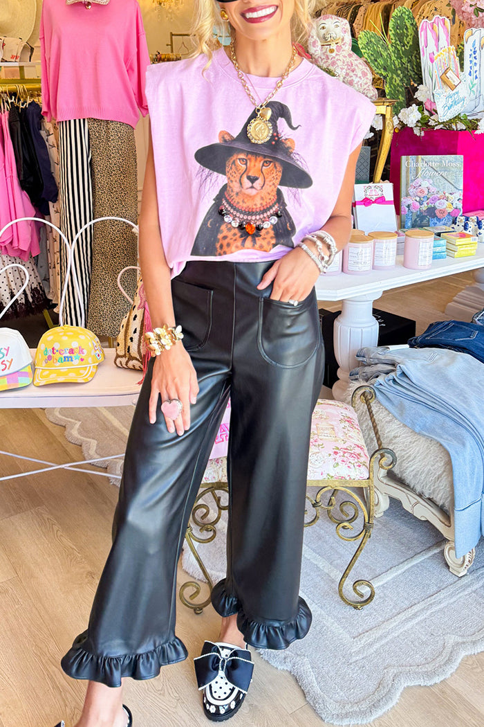 Pink Leopard Witch Graphic Rhinestone Sleeveless Top