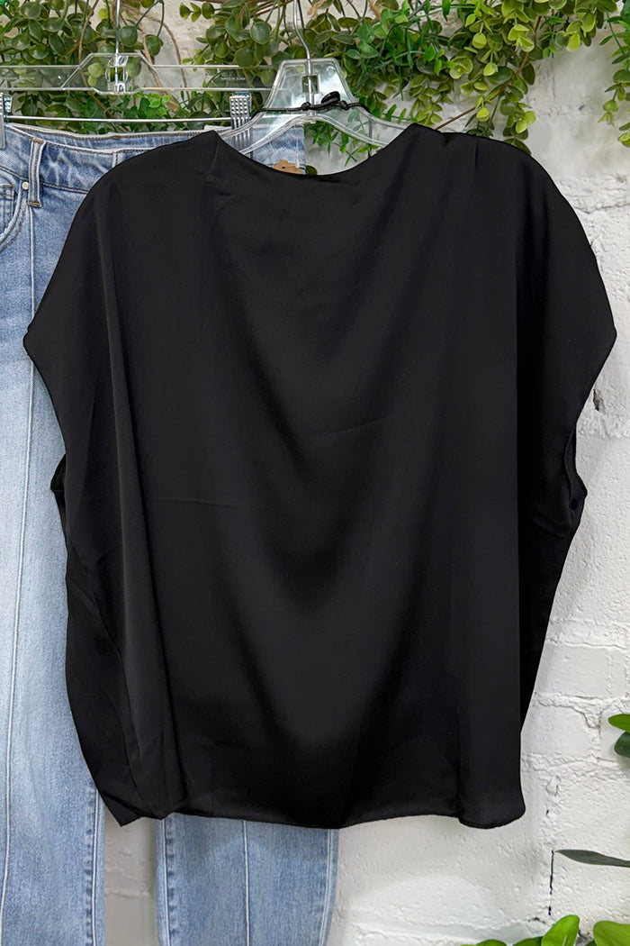 Pleated Shoulder Cap Sleeve Hi-Low Hem Blouson Top