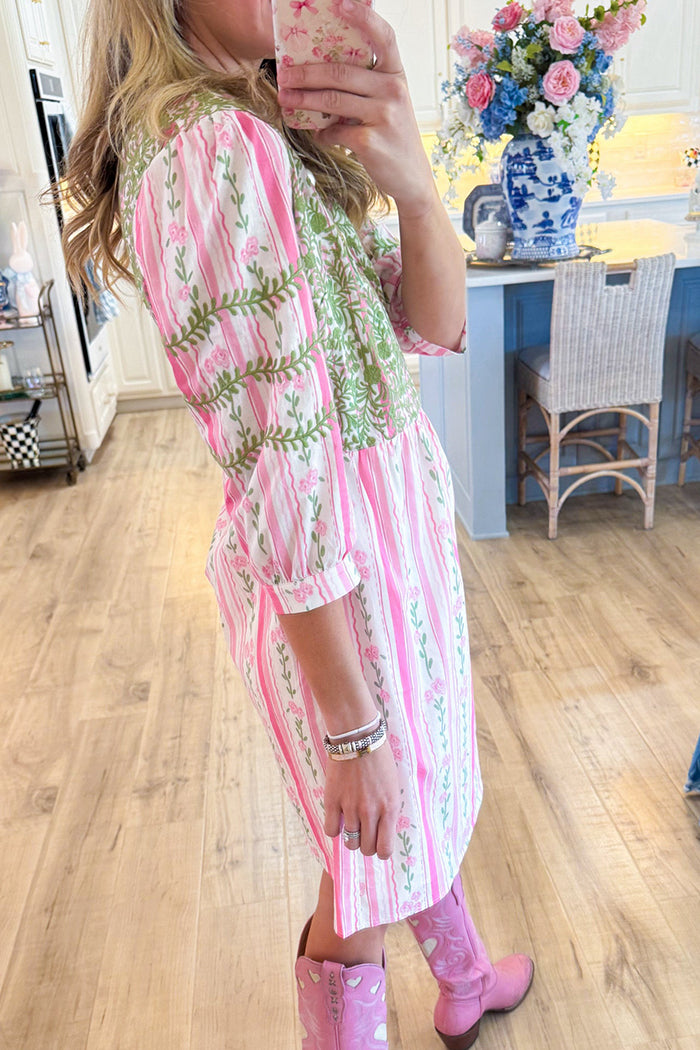 Embroidered Floral Stripe Dress