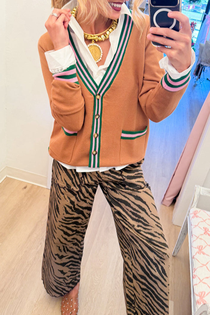 Camel Striped Trim Pocket Cardigan