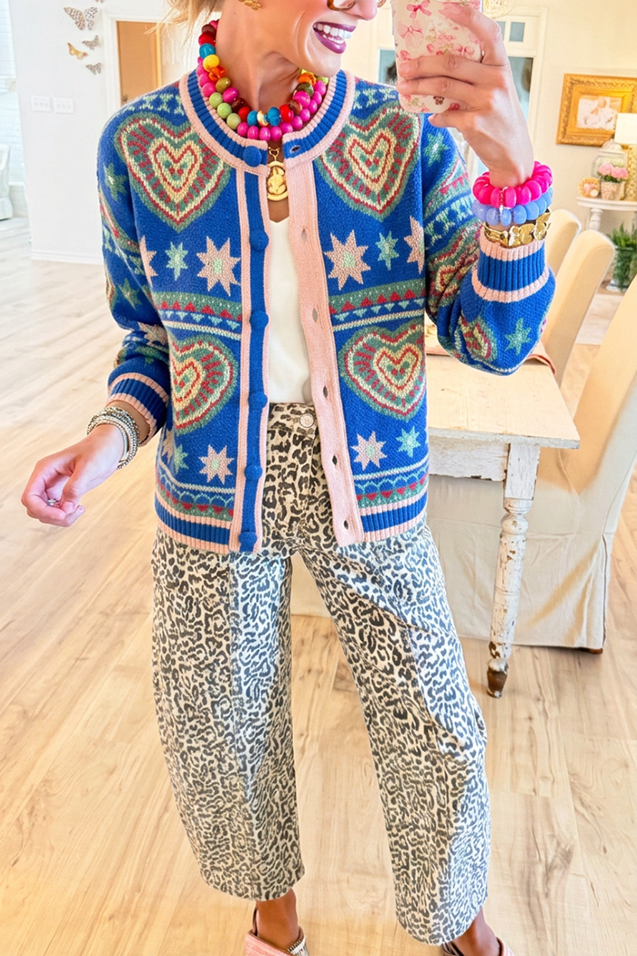 Colorful Heart Knit Round Neck Cardigan