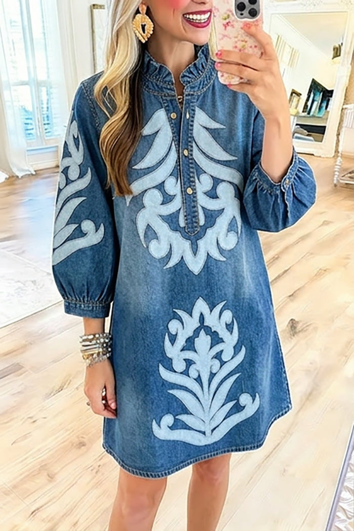 Ruffle Collar Balloon Sleeve Denim Dress