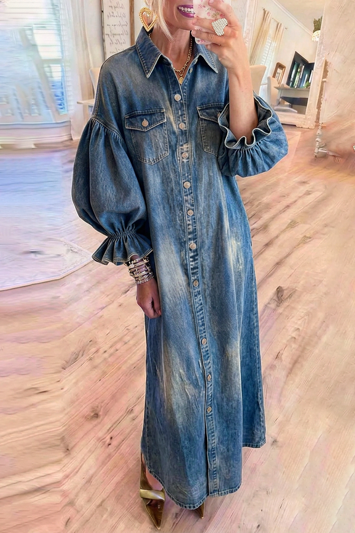 Denim Collared Balloon Ruffle Cuff Maxi Dress