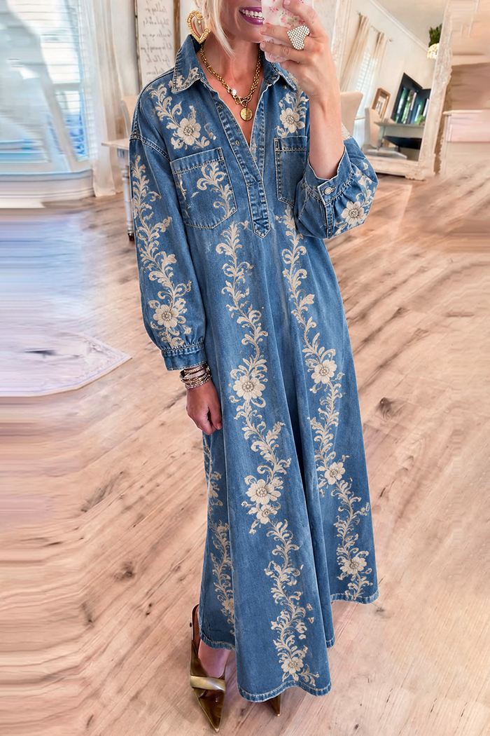Blue Denim Floral Embroidered Pocket Maxi Dress