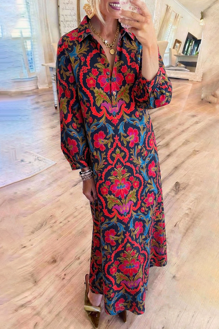 Floral Collared Puff Sleeve Maxi Dress