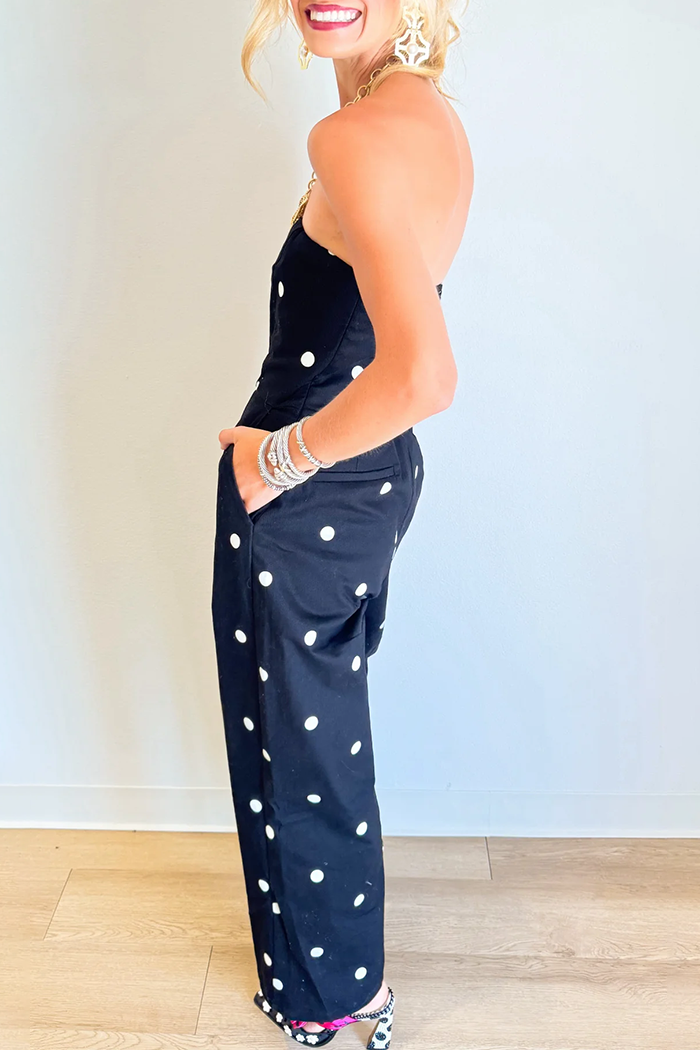 Polka Dot Twill Strapless Wide Leg Pocket Jumpsuit