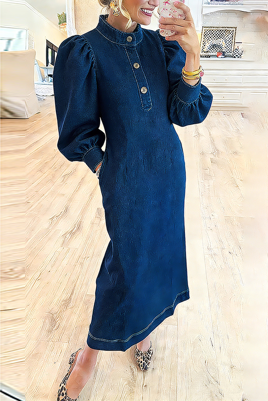 Mandarin Collar Puff Sleeve Pocket Denim Maxi Dress