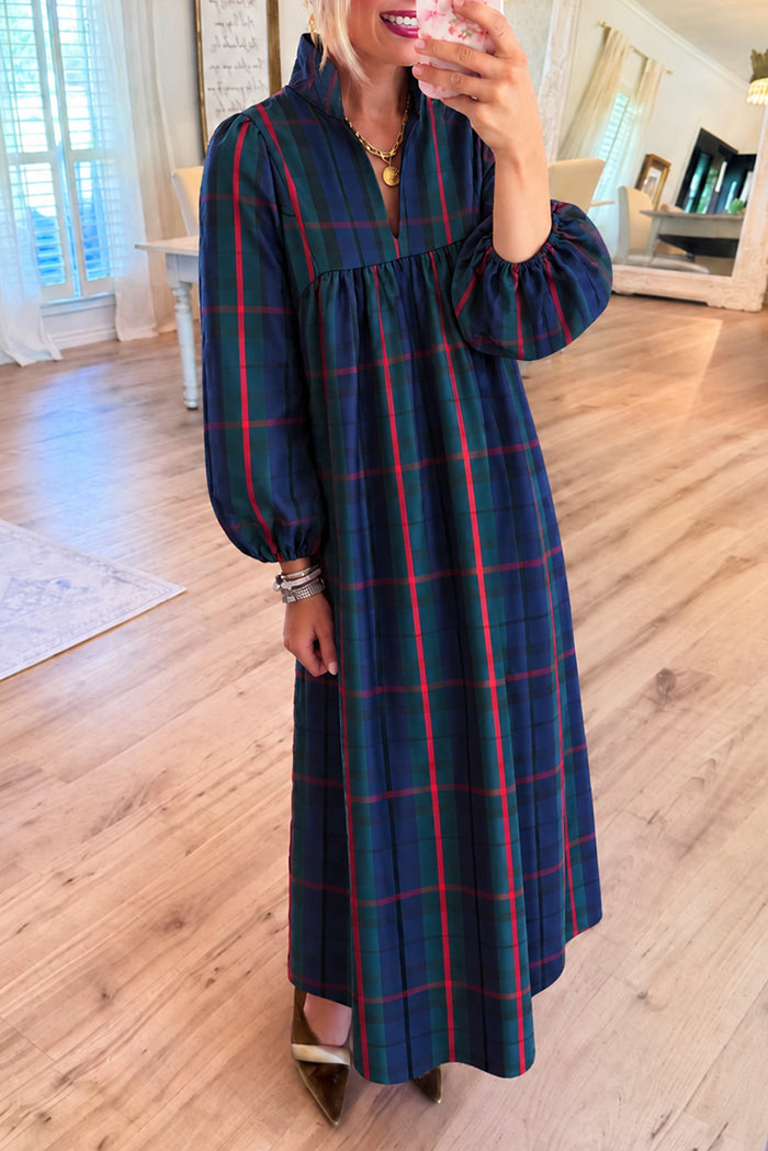 Navy Green Plaid Bubble Sleeve Maxi Dress