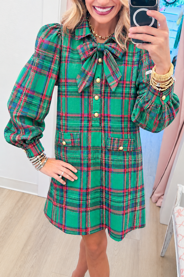 Plaid Pattern Bow Collar Shirt Dress