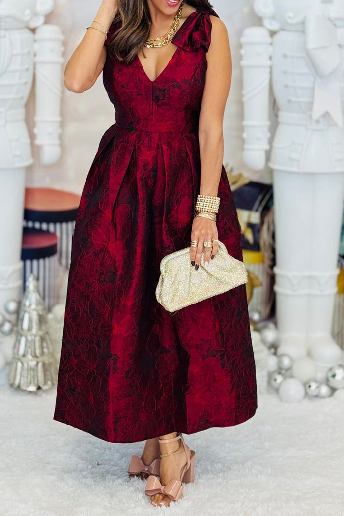 Floral Jacquard Sleeveless Pocket Midi Dress