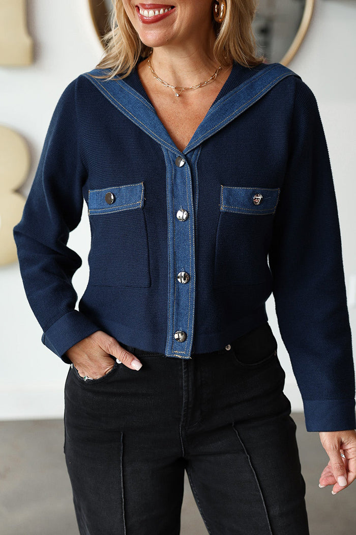 Button Front Pocket Sailor Collar Jacket