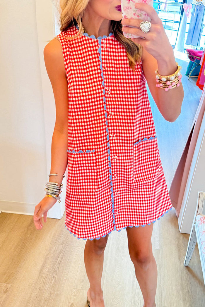 Red Gingham Contrast Trim Pocket Dress