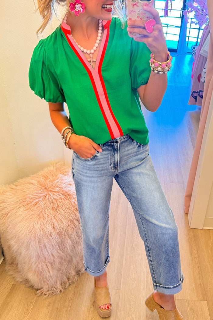 Short Puff Sleeve Contrast Top