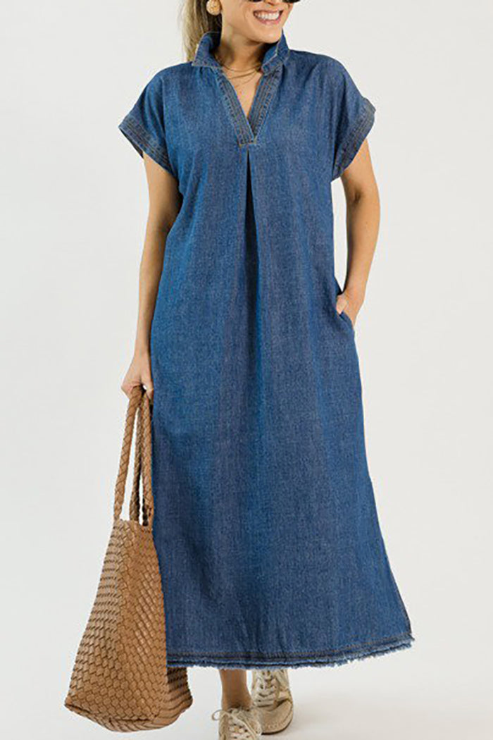 Denim Pocket Split Raw Hem Midi Dress