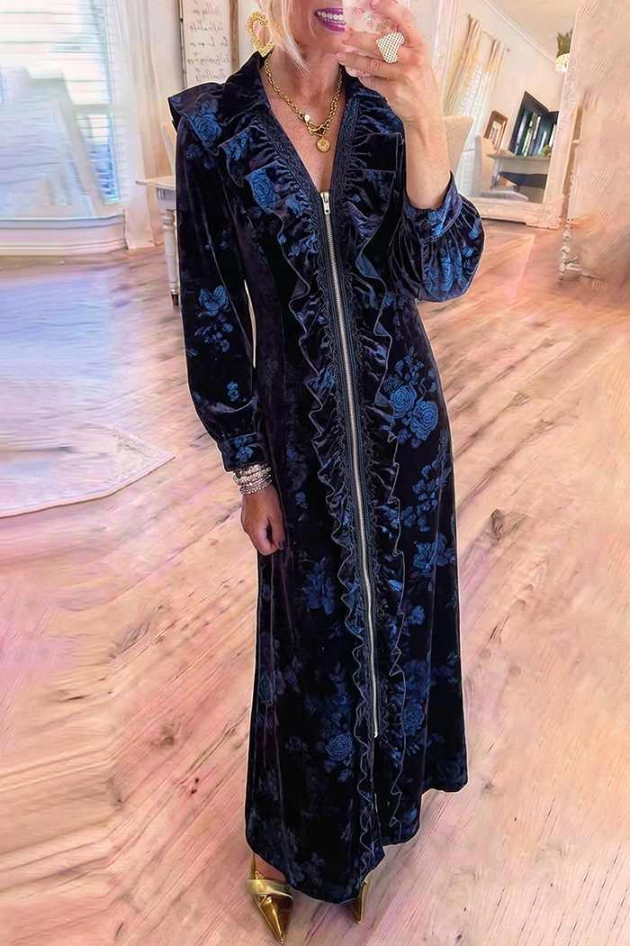 Navy Velvet Front Zip Ruffle Trim Dark Floral Maxi Dress