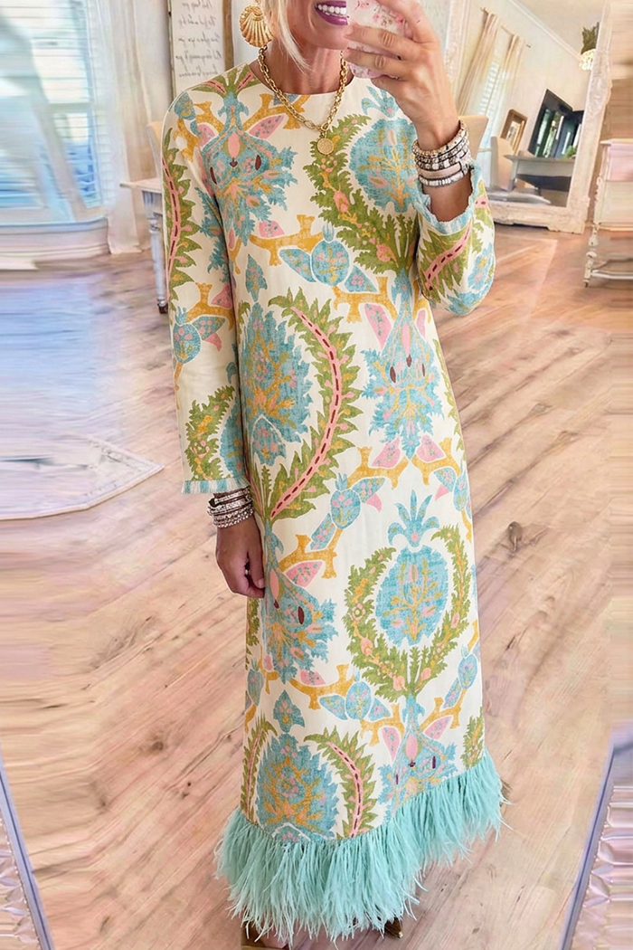 Vintage Botanical Round Neck Long Sleeve Fringe Hem Maxi Dress