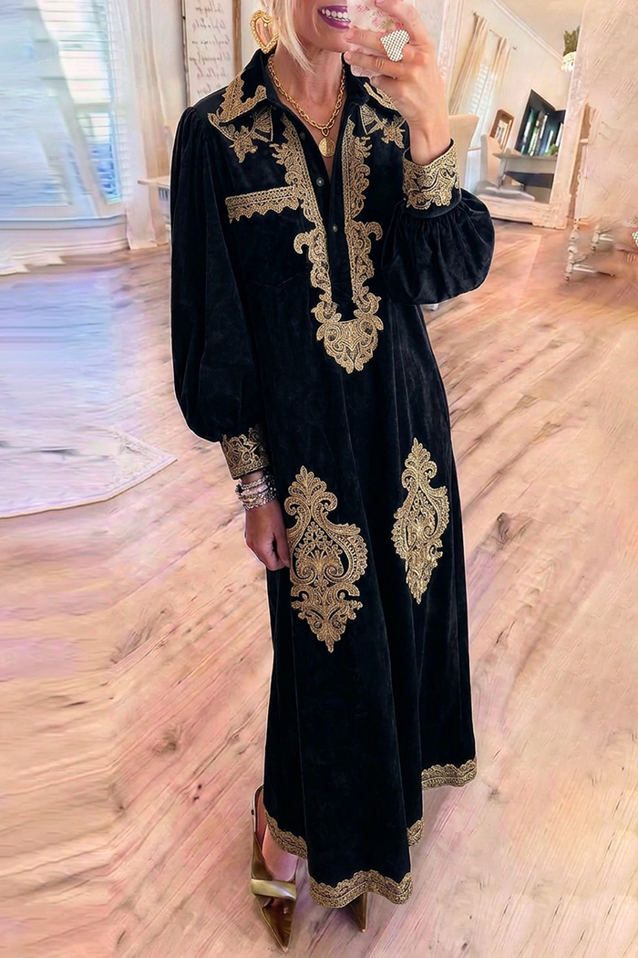 Black Velvet Half Button Puff Sleeve Gold Decorative Print Maxi Dress