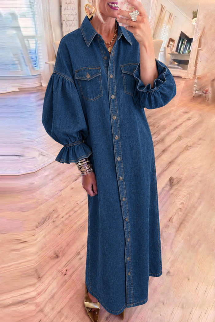 Ruffle Cuff Button Front Denim Pockets Maxi Dress