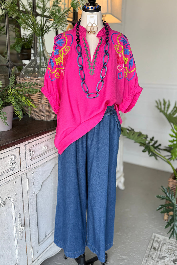 Ruffle Collar Short Sleeve Top Denim Wide Leg Two Piece Set