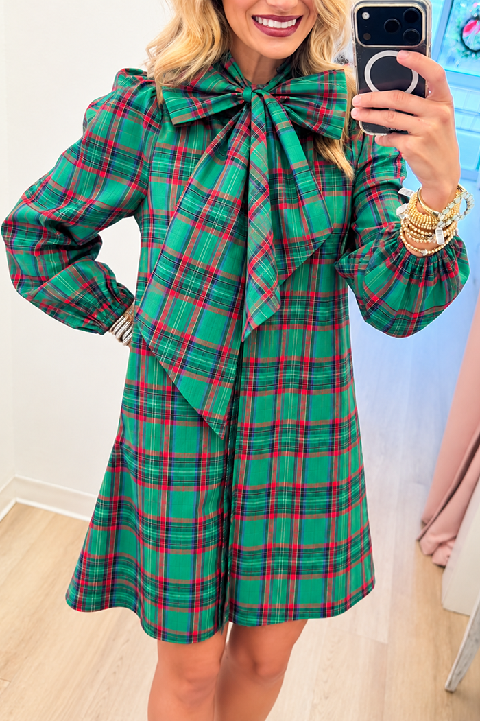 Casual Plaid Bow Mini Shirt Dress