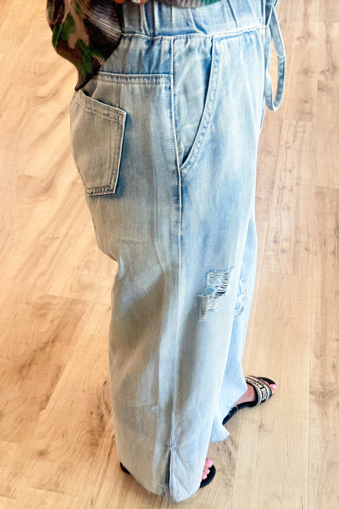 Denim Distressed Wide Leg Pants