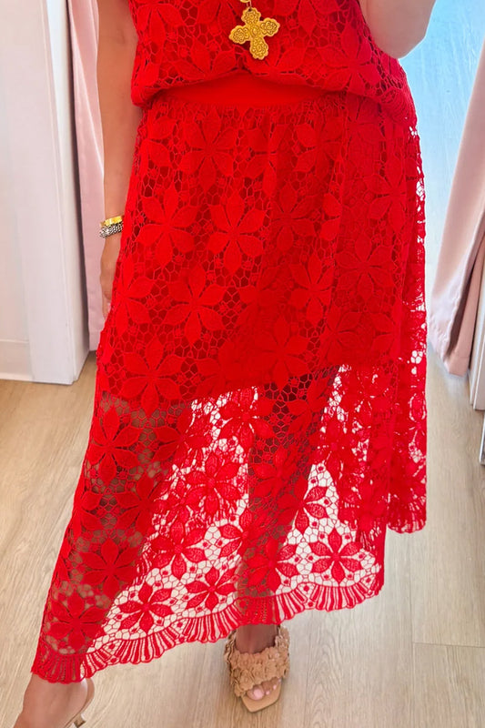 Tomato Red Scallop Lace Skirt