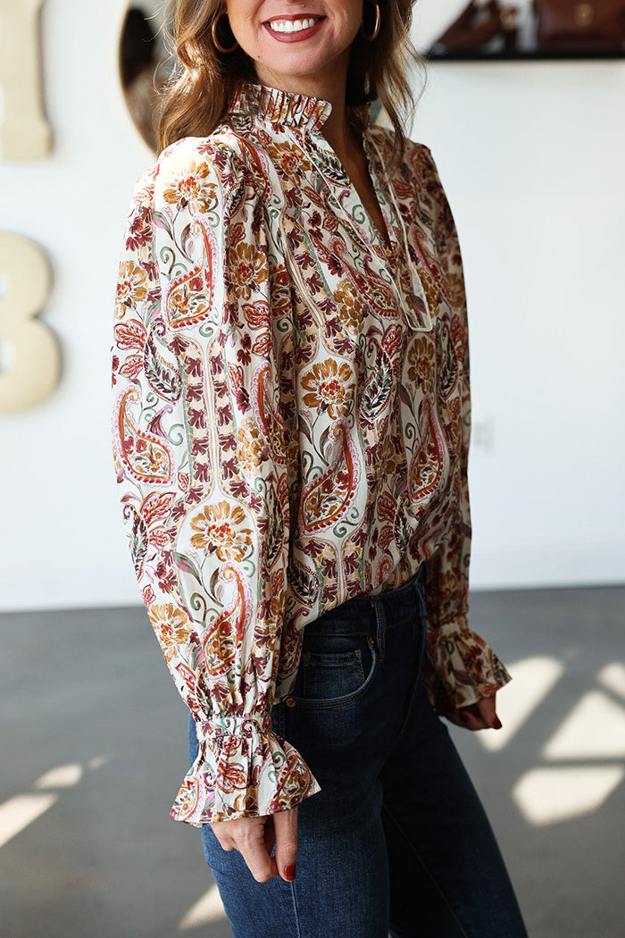 V-Neck Long Sleeve Paisley Top