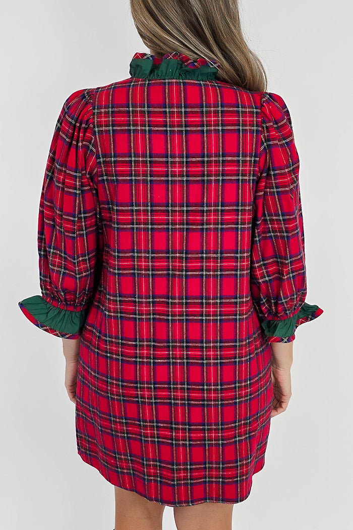 3/4 Puff Sleeve Plaid Contrast Detail Short Dress