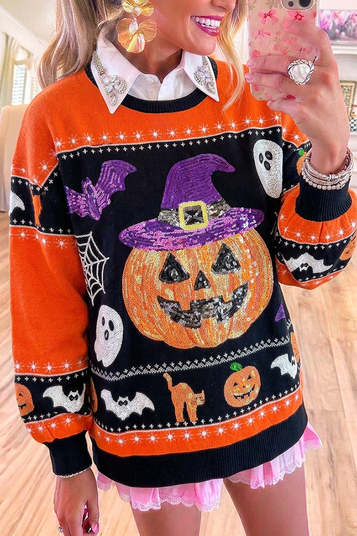 Halloween Sequin Crew Neck Long Sleeve Sweatshirt