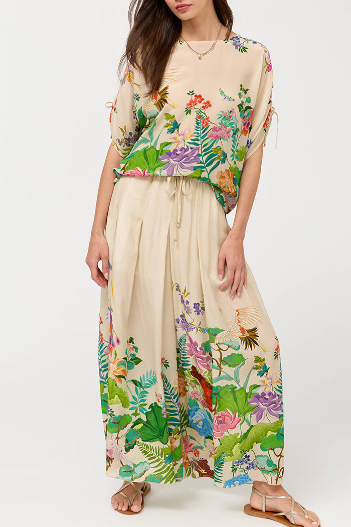 Border Floral Drawstring Waist Wide Leg Two Piece Set