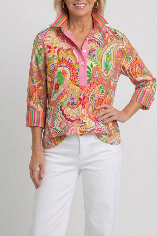 Multi Color Paisley Striped Cuff Half Placket Top