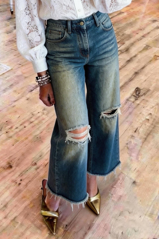 Distressed Frayed Hem Ombre Denim Jeans