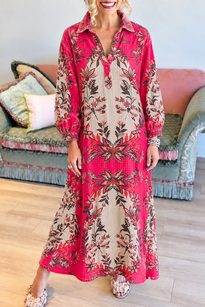 Fuchsia Floral Dragonfly Collar Maxi Dress